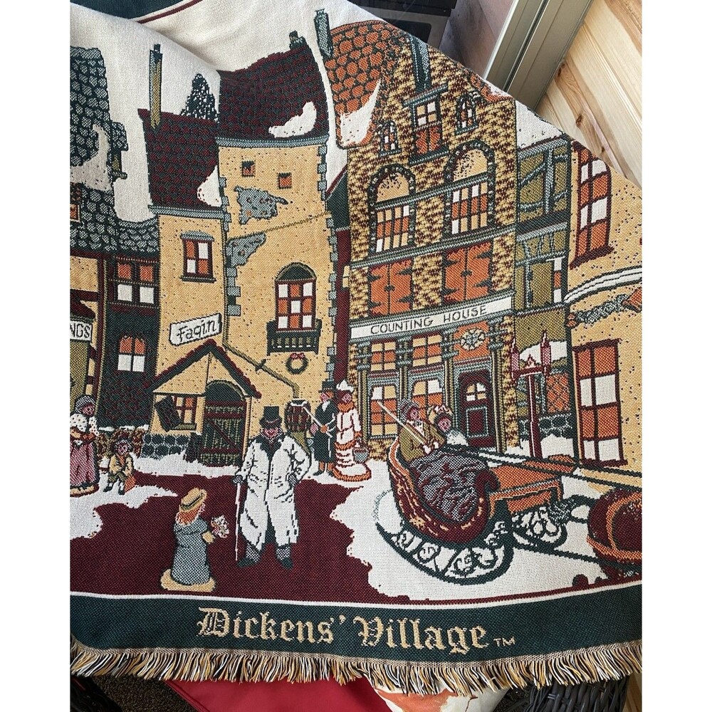 DEPT 56 Dickens Village Throw Blanket Woven USA Tapestry Cotton 67" x 44” EUC
